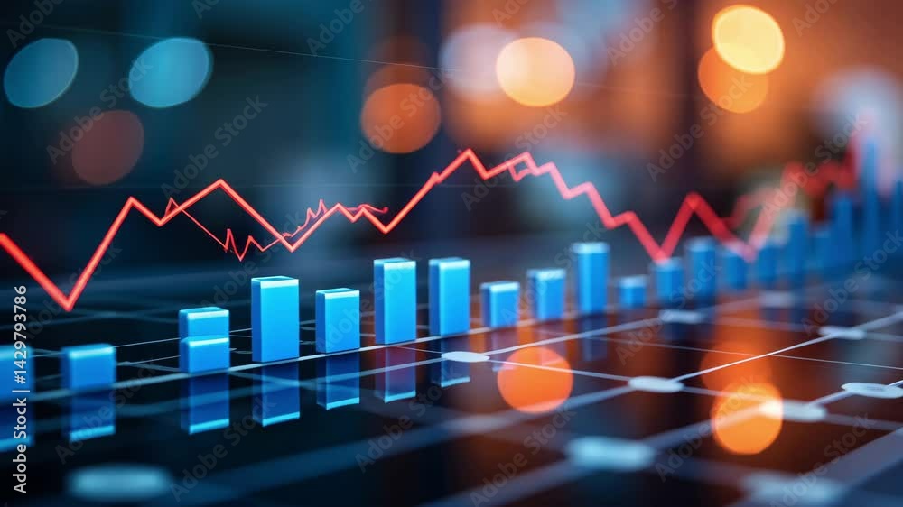 Poster dynamic stock market analysis with vibrant data visualization in a professional setting highlighting