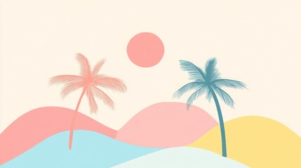Pastel beach landscape, sunrise, palm trees, minimal