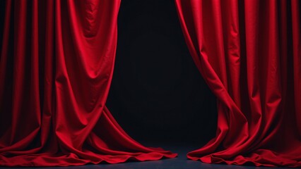 A textured scarlet curtain, draped in soft, rippling folds, slowly parts to reveal complete darkness. The motion of the fabric is fluid and organic, suggesting a gentle breeze