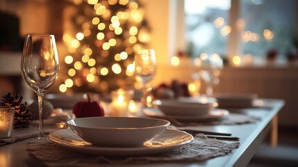 Elegant holiday dining table set with candles and decorations, cozy ambiance