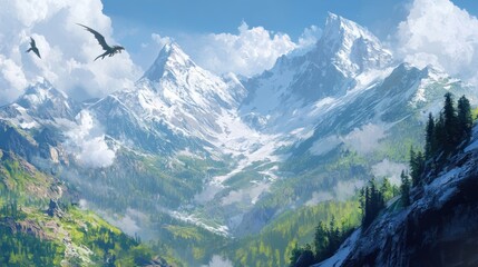 Majestic Mountain Vista with Eagles Soaring over Verdant Valleys and Snow-Capped Peaks