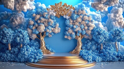 Fototapeta premium Golden Podium in a Surreal Blue & White Cloud Forest