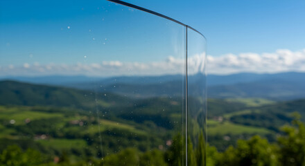 Panoramic Vista Framed By Transparent Glass With Picturesque Mountain Backdrop