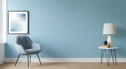 Serene Blue Room Interior Design Minimalist Armchair, Side Table, and Wall Art Accents for a Peaceful Atmosphere