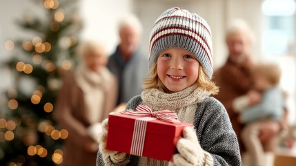 Child holding christmas gift with family christmas tree holiday celebration and winter clothing present