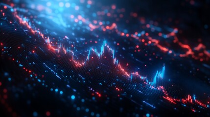 Fototapeta premium Dynamic stock market chart with glowing blue and red elements on dark background, financial analysis concept