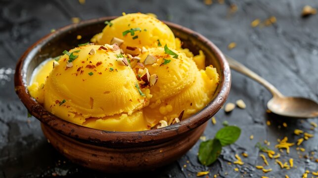 Indian matka kulfi served in clay pot garnished with chopped nuts and saffron strands placed on dark surface Iconic frozen dessert from India creamy and rich cut out on isolated transparent background