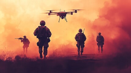 Fototapeta na wymiar Modern soldiers using drone for artillery guidance in military operation with minimalist aesthetic and copy space