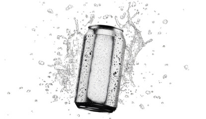 a silver beverage can is splashing through water droplets against a dark background emphasizing refreshment and the dynamic nature of drinks