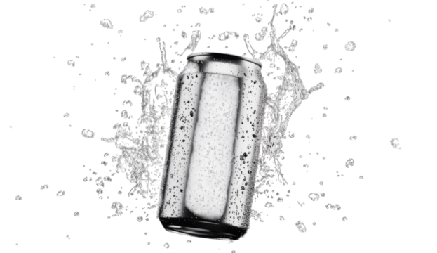 a silver beverage can is splashing through water droplets against a dark background emphasizing refreshment and the dynamic nature of drinks