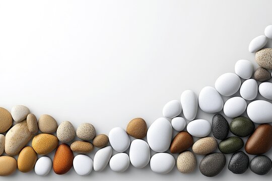 Assorted stones arranged in a wave pattern on a white background