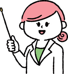 説明している白衣を着た女性