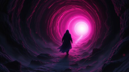 A spectral form, barely discernible amidst the swirling darkness, moves deliberately through a subterranean channel