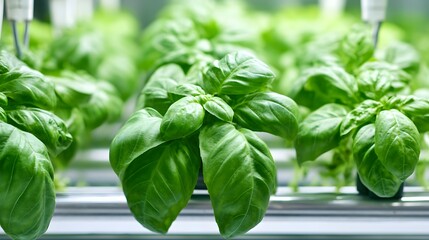 Obraz premium Fresh Basil Plants Growing in Hydroponic System