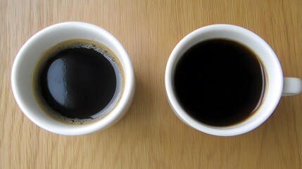 Two Cups of Black Coffee on Wooden Table Top View
