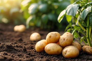 Freshly harvested potatoes on soil ground organic farming agriculture healthy food vegetable crop field