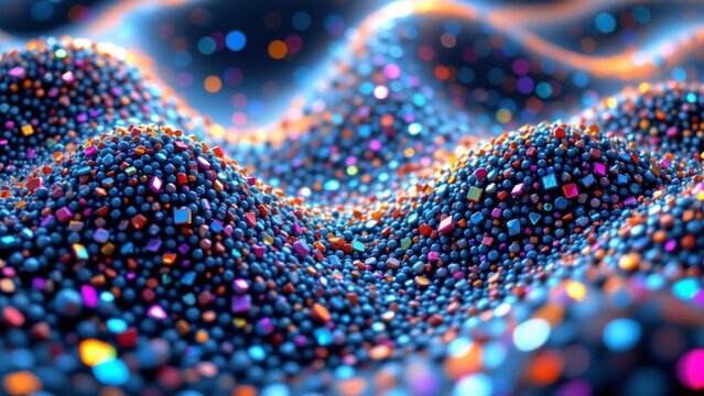 An abstract composition featuring a multitude of sparkling granular elements is presented