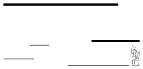 Various black horizontal lines of different lengths and a potted plant drawing create a modern-style composition. Ideal for interior design, workspace, organization, creativity, simplicity, decor