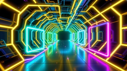An abstract, pulsating environment formed of interconnected neon lines. These lines weave together to form a tunnel like structure, constantly evolving and reshaping itself