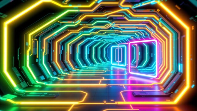 An abstract, pulsating environment formed of interconnected neon lines. These lines weave together to form a tunnel like structure, constantly evolving and reshaping itself
