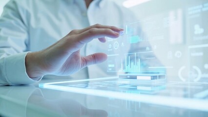 Scientists work on a futuristic holographic digital tablet.