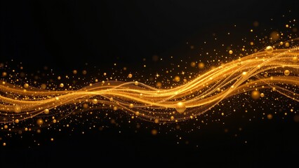 Obraz premium A continuous stream of golden particles flows against a dark void. These particles vary in size and intensity, resembling a mixture of fine dust and tiny, brilliant stars