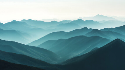 Obraz premium Serene Teal Mountain Ranges A Breathtaking Panorama of Nature's Majesty, Captivating Hues of Blue and Green, Rolling Hills, Misty Peaks, Tranquil Landscape