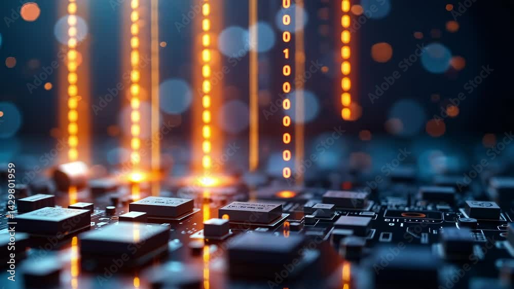 Poster futuristic digital circuit board with glowing binary code and abstract light rays in an advanced tec