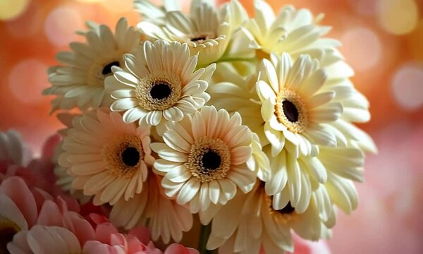 A vibrant bouquet of white gerbera daisies arranged beautifully on a soft pink surface, with a colorful bokeh background enhancing the floral display