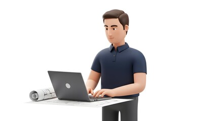 3D Render of a Man Working on Laptop, Focused on Project, Digital Design, Architectural Plans, Engineering Concept