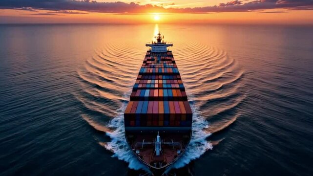 Aerial drone panoramic ultra wide photo of industrial container tanker ship cruising in open ocean deep blue sea at sunset