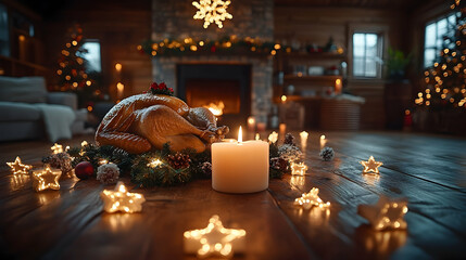 Festive Christmas Turkey Feast with Candlelight and Starry Light
