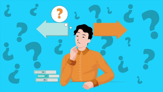 confused man with question marks, person not knowing what decision to make 4k animation