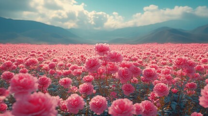 A vast, vibrant field of pink flowers stretches towards a hazy mountain range.