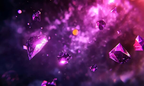 Floating Purple Diamonds Gems with Glowing Light on Cosmic Background Abstract Luxury Jewels and Sparkles Digital Artwork