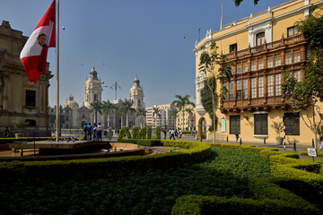 A wide view of Lima’s Main Square (Plaza Mayor), the historic center of Peru’s capital,...