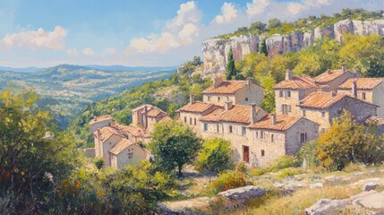 Obraz premium Village houses on hillside in Provence with landscape under sky for travel posters