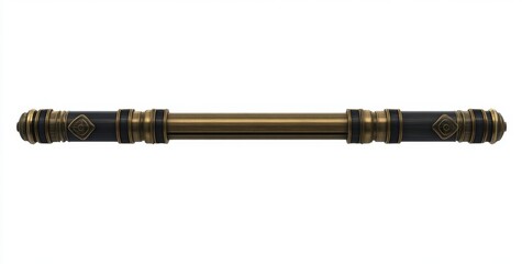 Ornate, brass-toned door handle, with black accents.  Features decorative elements and a cylindrical shape