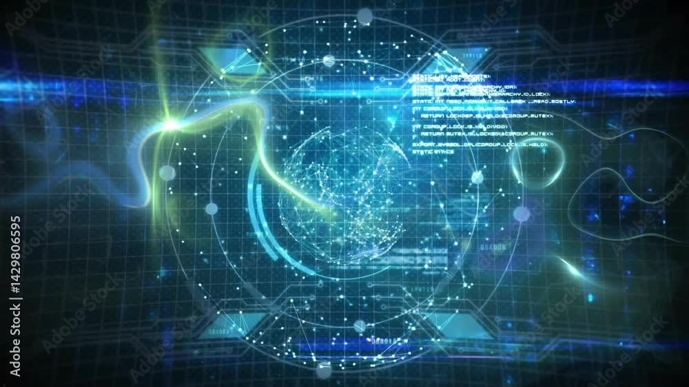 Poster holographic globe rotating while neon light trails dancing around floating data points over grid