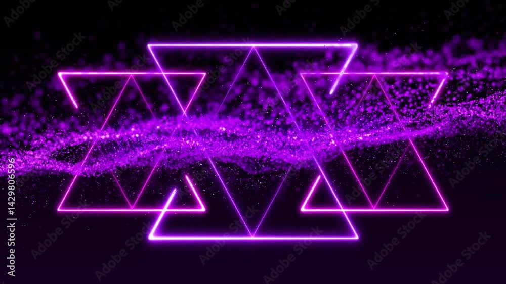Poster bright violet neon triangles floating across dark void, creating depth with glowing particles
