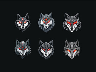 Esport logo of a futuristic cybernetic wolf with glowing red eyes and metal armor