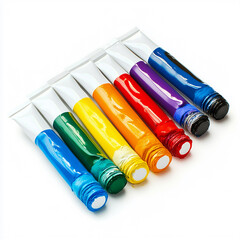 Colorful tubes of acrylic paint in rainbow colors arranged on white background for artistic projects and creative designs