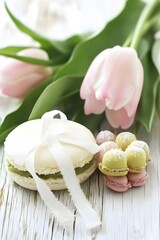 Elegant Macarons and Pink Tulips Springtime Pastry Delights