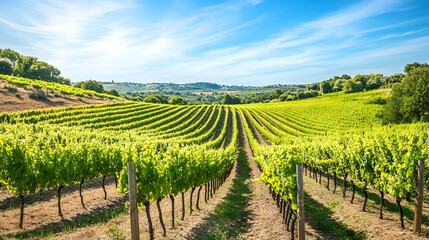 Fototapeta premium Scenic vista of endless grape vines and rolling landscape under azure skies