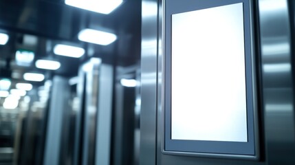 Blank digital display mounted on a stainless steel elevator wall.