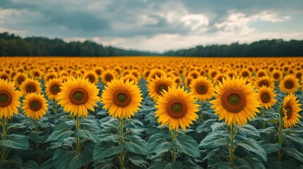 Obraz premium Expansive sunflower field under a dramatic sky.