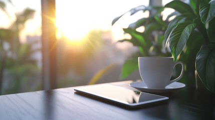A tablet with a digital contract open sits on a desk next to a coffee cup representing modern document signing with tablet. AI generative