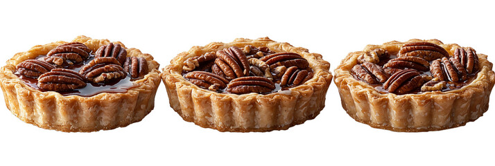 pecan tartlets, three mini tarts isolated on black.