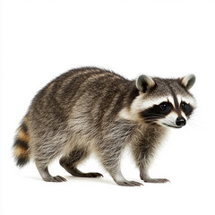 Fototapeta premium Adorable young raccoon standing on white background isolated wildlife animal photography image fur cute eyes mask tail