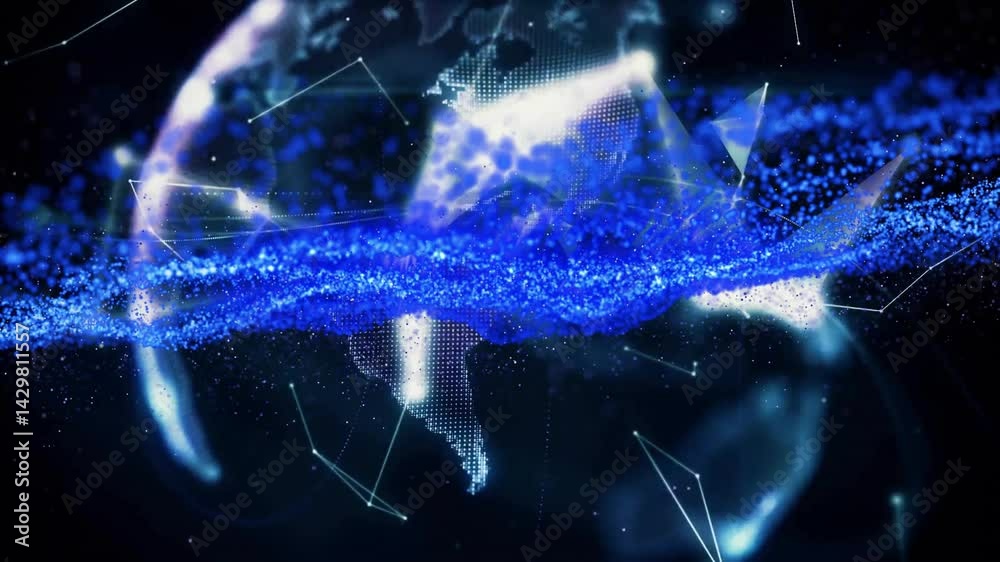 Poster digital globe floating in dark space, showing streaming data band, linking glowing network nodes